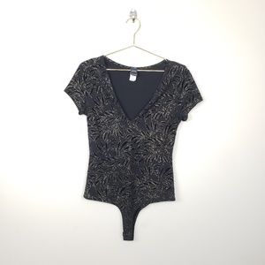 Privy Deep V Neck Bodysuit with Gold Design